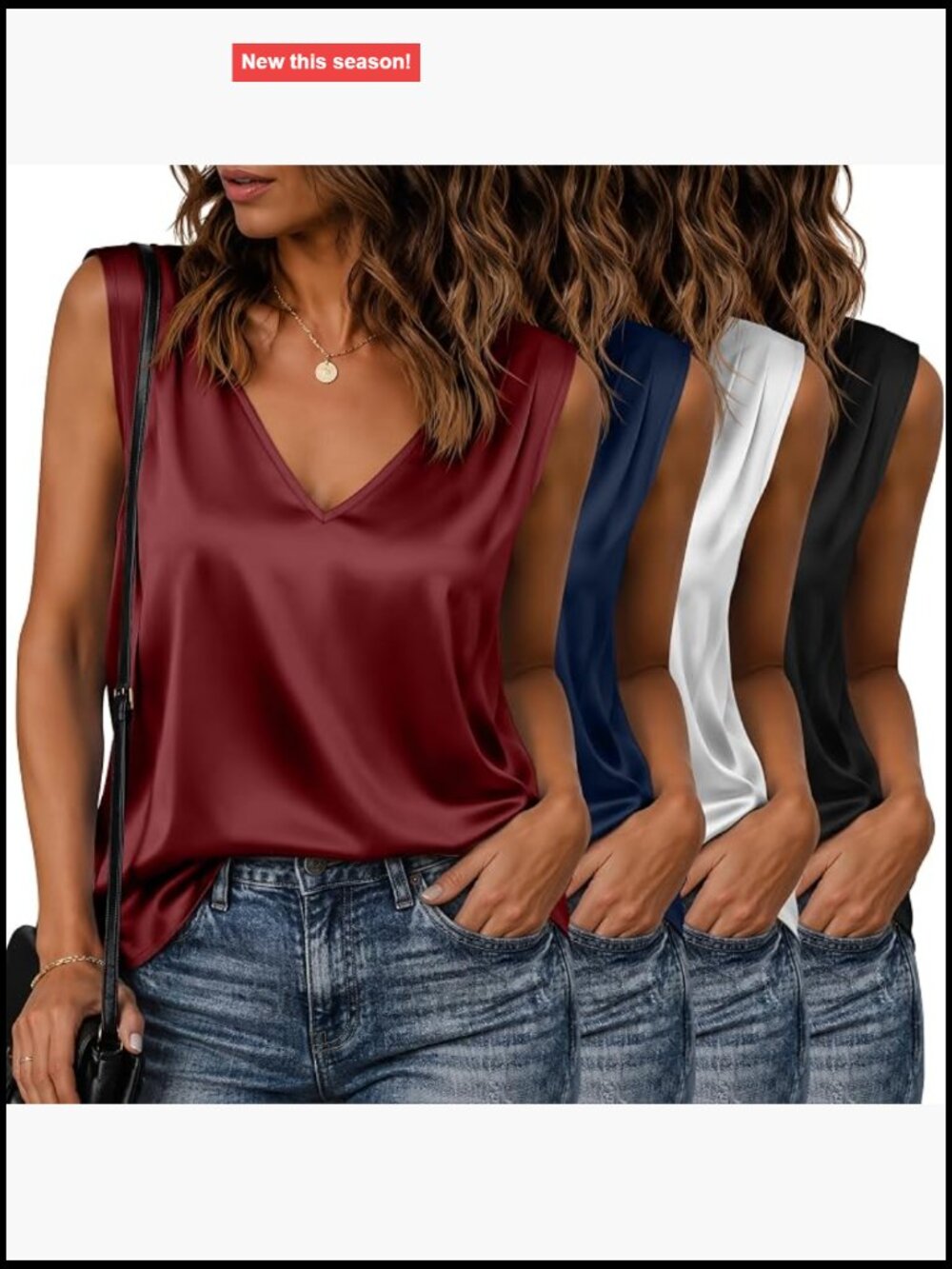 4 Pack Silk Satin V Neck Tank Tops Sleeveless Camisole Loose Fit Women's Tops
